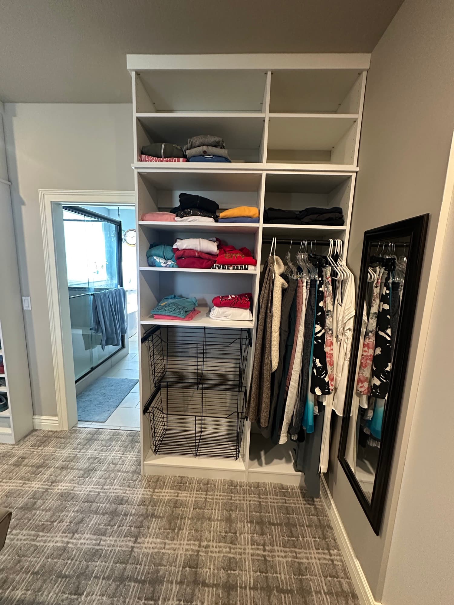 Large dual workstation home office with shared shelving in Columbia, MO