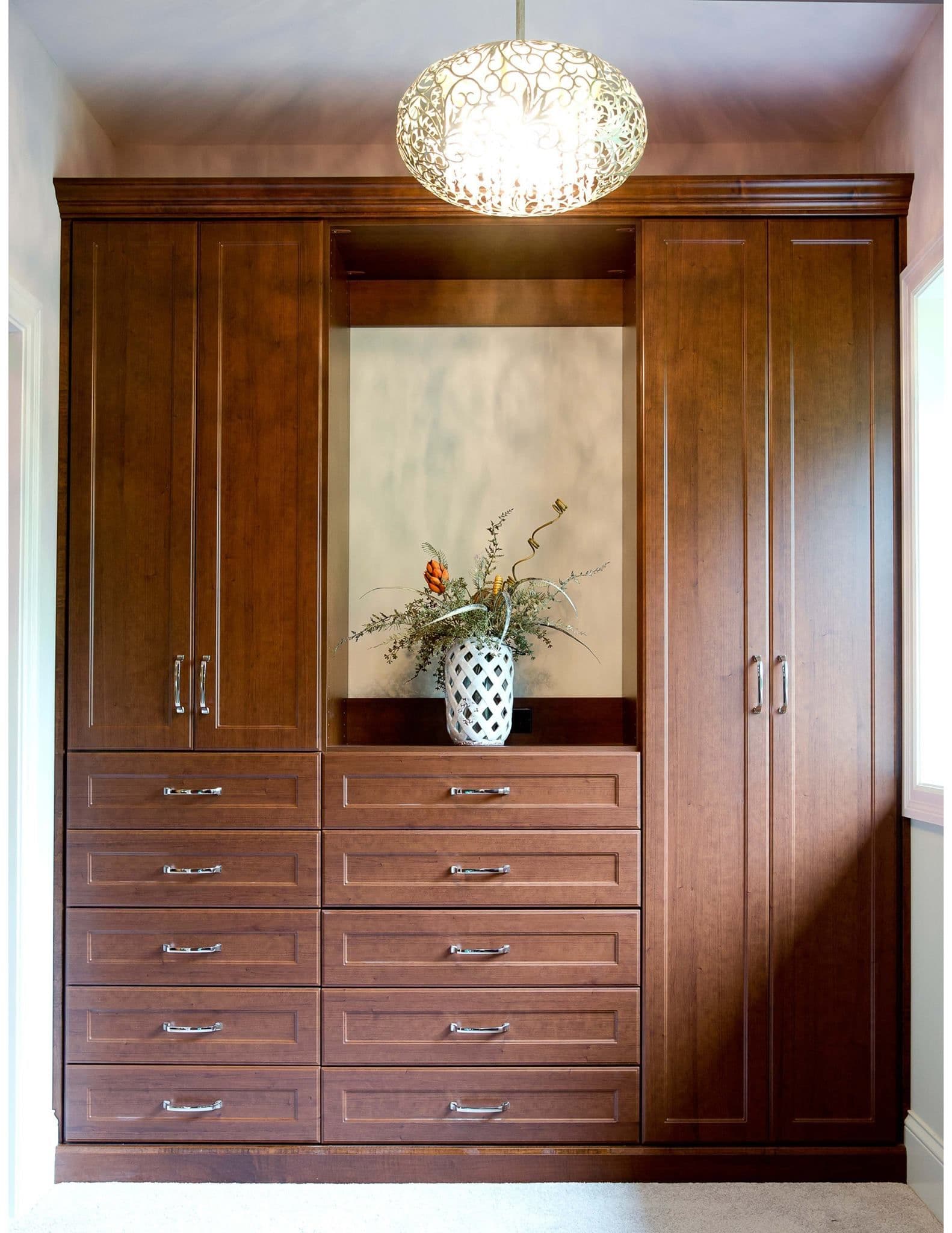 Built-in wood drawer stack and home office storage in Columbia, MO