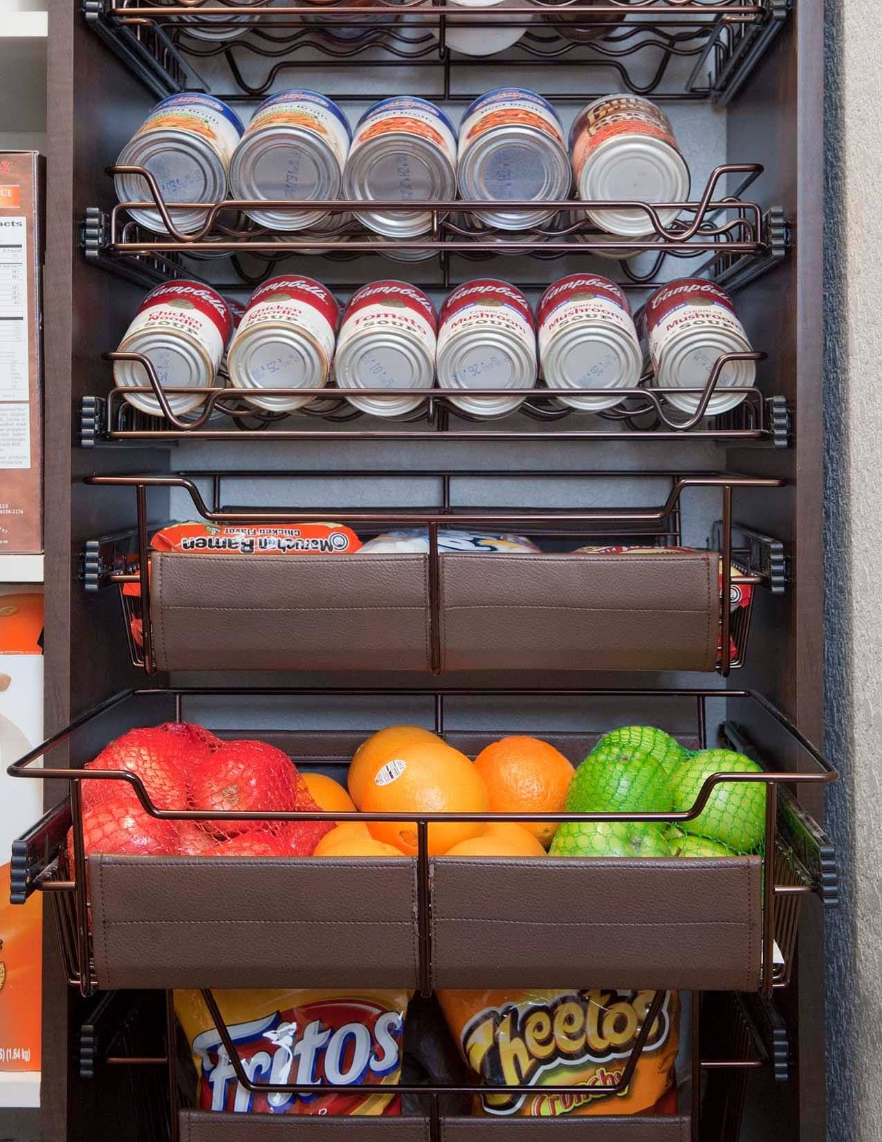 Closet pantry with pull-out can baskets