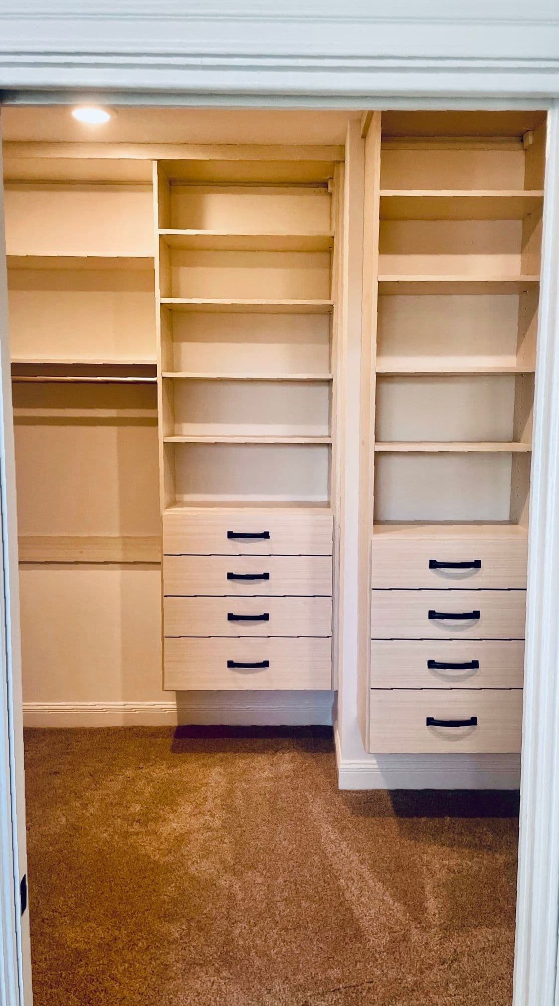 Reach-in closet with double-hang and drawer bank